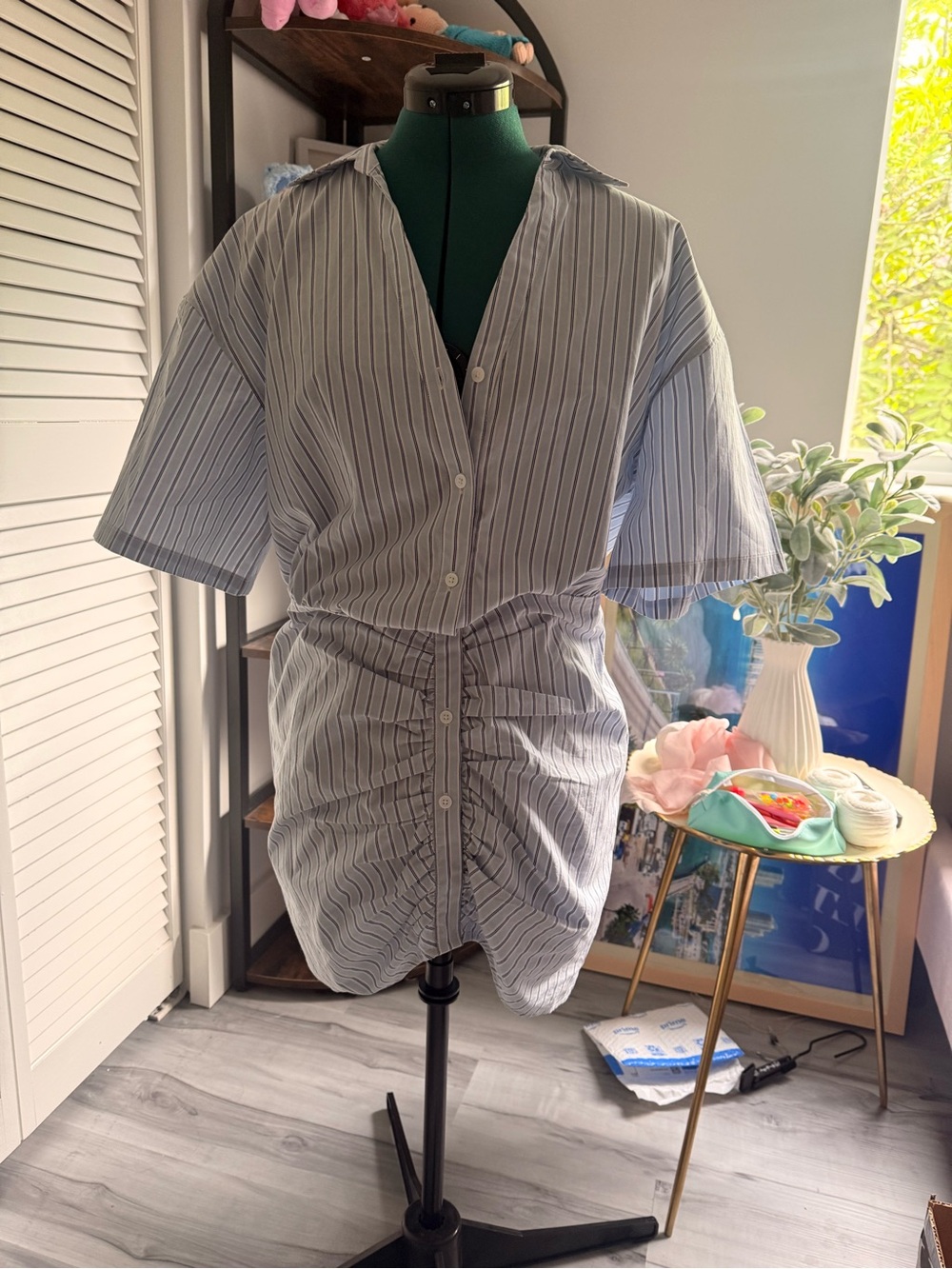 Bellerose Light Blue and White Striped Ruched Shirt Mini Dress